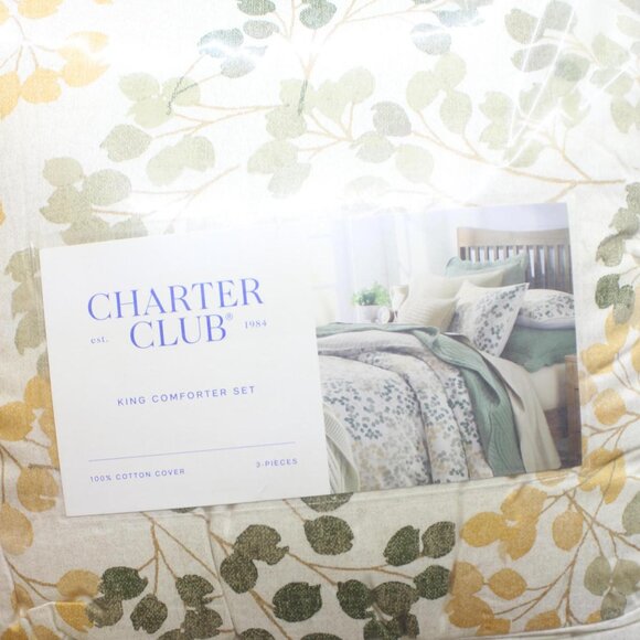 Charter Club Leaves Reversible 3-Piece Cotton Comforter Set Green Multi King - Picture 3 of 9